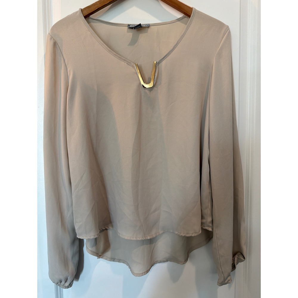 By Design Womens Beige V-Neck Blouse Gold Hardware Detail Long Sleeve Size M
